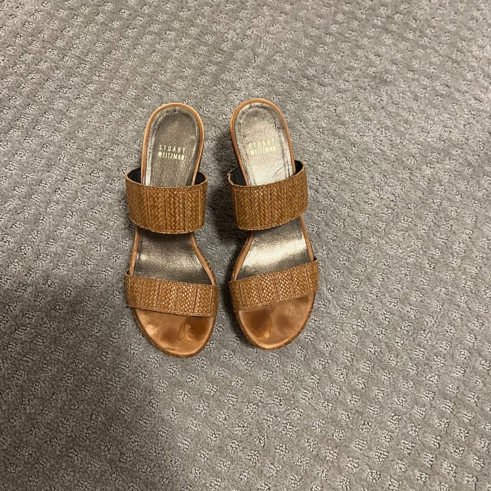 Stuart Weitzman woven tan wedge sandals 7.5M